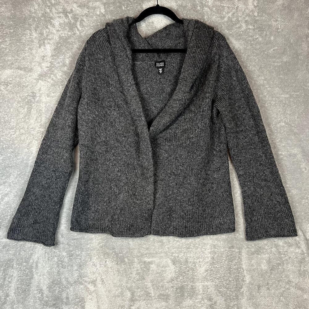 Eileen Fisher Hooded Cardigan Sweater Womens M Grey Wool Mohair Blend